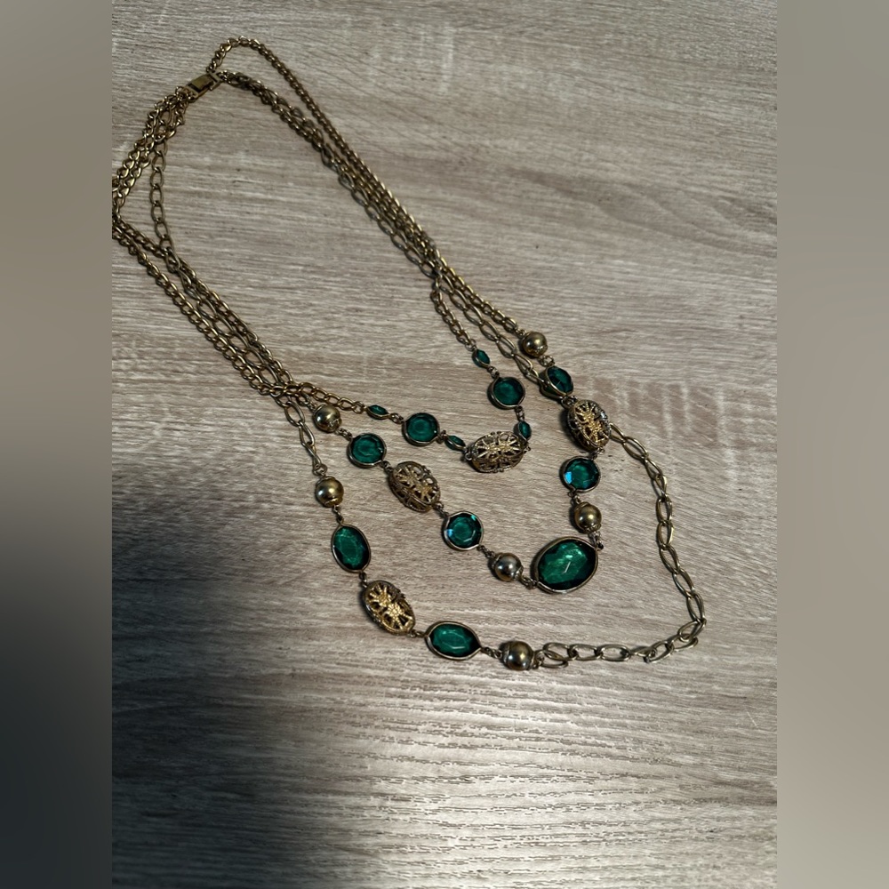 Gold-Tone and Emerald Statement 3-Tier necklace